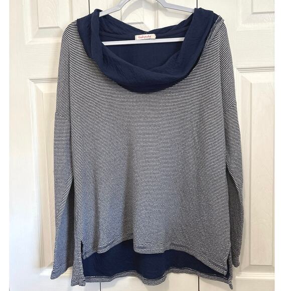 Fresh Produce Navy Blue and White Striped Cowl Neck Cotton Top Large - Picture 1 of 11